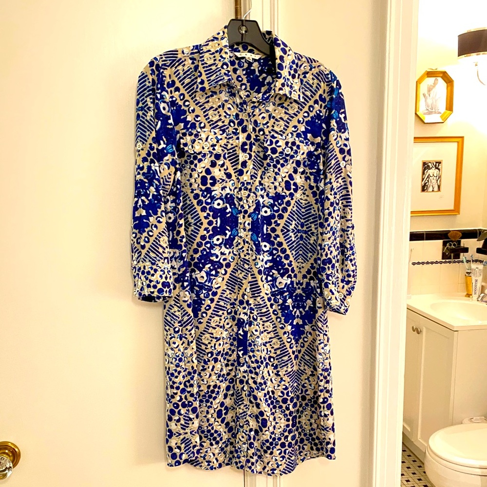 CAbi blue and beige shirt dress with matching belt